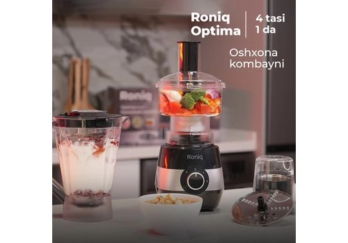 Мечтаете сократить время на готовку и получить максимум от своей кухонной техники?
Представляем Кухонный Комбайн Roniq Optima 4в1, который станет незаменимым помощником для любой хозяйки! Универсальность, удобство и надежность — все это объединено в одном устройстве. Сэкономьте время, силы и деньги с этим компактным, но мощным комбайном!
Этот кухонный комбайн — настоящая находка для больших семей и всех, кто любит готовить вкусно и быстро. Благодаря комплектации 4 в 1, Roniq Optima справится с любыми задачами:
1. Чоппер (измельчитель): 
* Фарш для котлет и тефтелей: Легко измельчает мясо, идеально подходит для приготовления домашних котлет, тефтелей и начинки для мантов.
* Овощные заготовки: Быстро нарезает лук, морковь и помидоры для зажарки к плову, супам и соусам.
* Пасты и соусы: Измельчает орехи, зелень, чеснок и другие ингредиенты для соусов, таких как чатни или тахини.
* Шаурма и самса: Легко нарезает мясо и овощи для начинки.
2. Терка-насадка: 
* Салаты: Быстро натирает морковь для традиционного корейского салата, редьку, а также другие овощи для свежих салатов.
* Чипсы и картофельные блюда: Готовьте домашние картофельные чипсы, драники или заготовки для картофеля фри.
* Детские блюда: Мелкая терка позволяет быстро подготовить овощи и фрукты для детского питания.
* Заготовки для праздников: Ускоряет процесс подготовки овощей для традиционных узбекских блюд, таких как "голубцы", "долма" или начинки для пирогов.
3. Блендер-миксер: 
* Крем-супы и соусы: Отлично справляется с приготовлением наваристых супов-пюре или соусов к плову, мясу и другим блюдам.
* Жидкое тесто для блинов и оладий: Быстро и просто замешивает тесто для завтраков или праздничного стола.
* Пюре для детского питания: Легко измельчает овощи и фрукты, создавая нежное и полезное пюре для малышей.
* Зеленые смузи и коктейли: Для тех, кто любит начинать день со здоровых напитков, а также готовить свежие коктейли для всей семьи.
4. Кофемолка: 
* Измельчение специй: Перемалывает зиры, кориандр, черный перец и другие специи для традиционных узбекских блюд, таких как плов, шурпа и лагман.
* Ореховые пасты: Готовьте домашнюю тахини, арахисовую пасту или фундук для десертов.
* Сладости: Используйте кофемолку для измельчения сахара в пудру для тортов и сладких блюд.
* Чай и травы: Можно измельчить травы и чай для заваривания.
Преимущества кухонного комбайна RONIQ OPTIMA 4в1
* Ускорение готовки: Идеально подходит для больших семей, экономя ваше время на приготовление блюд.
* Многофункциональность: Заменяет сразу несколько приборов — блендер, измельчитель, кофемолку и терку-насадку, выполняя множество задач.
* Компактный дизайн: Экономит место на кухне, объединяя функции нескольких устройств в одном.
* Легкость в использовании: Интуитивно понятная панель управления позволяет справляться с задачами любому члену семьи.
* Удобство и универсальность: Помогает готовить даже сложные блюда, такие как соусы, фарш или тесто, с минимальными усилиями.
* Безопасность: Оснащен устойчивыми ножками и системой автоматического отключения, что делает его безопасным для детей и пожилых людей.
* Высокая производительность: Мощный мотор 400 Вт и скорость до 12 000 оборотов в минуту обеспечивают качественную работу с любыми ингредиентами.
* Экономия средств: Заменяет несколько приборов, снижая затраты на покупку отдельной техники.
Технические характеристики:
* Материал: нержавеющая сталь, пластмасса.
* Скорости: два режима.
* Мощность: 400 Вт.
* Напряжение/Частота: 220 В / 50 Гц.
* Объем чаши блендера: 1500 мл.
* Объем чаши комбайна: 600 мл.
* Обороты: до 12 000 в минуту.
С RONIQ OPTIMA 4в1 вы сделаете кухню современнее, готовку — быстрее, а блюда — вкуснее! Заказывайте уже сегодня!
Мечтаете сократить время на готовку и получить максимум от своей кухонной техники?
Представляем Кухонный Комбайн Roniq Optima 4в1, который станет незаменимым помощником для любой хозяйки! Универсальность, удобство и надежность — все это объединено в одном устройстве. Сэкономьте время, силы и деньги с этим компактным, но мощным комбайном!
Этот кухонный комбайн — настоящая находка для больших семей и всех, кто любит готовить вкусно и быстро. Благодаря комплектации 4 в 1, Roniq Optima справится с любыми задачами:
1. Чоппер (измельчитель): 
* Фарш для котлет и тефтелей: Легко измельчает мясо, идеально подходит для приготовления домашних котлет, тефтелей и начинки для мантов.
* Овощные заготовки: Быстро нарезает лук, морковь и помидоры для зажарки к плову, супам и соусам.
* Пасты и соусы: Измельчает орехи, зелень, чеснок и другие ингредиенты для соусов, таких как чатни или тахини.
* Шаурма и самса: Легко нарезает мясо и овощи для начинки.
2. Терка-насадка: 
* Салаты: Быстро натирает морковь для традиционного корейского салата, редьку, а также другие овощи для свежих салатов.
* Чипсы и картофельные блюда: Готовьте домашние картофельные чипсы, драники или заготовки для картофеля фри.
* Детские блюда: Мелкая терка позволяет быстро подготовить овощи и фрукты для детского питания.
* Заготовки для праздников: Ускоряет процесс подготовки овощей для традиционных узбекских блюд, таких как "голубцы", "долма" или начинки для пирогов.
3. Блендер-миксер: 
* Крем-супы и соусы: Отлично справляется с приготовлением наваристых супов-пюре или соусов к плову, мясу и другим блюдам.
* Жидкое тесто для блинов и оладий: Быстро и просто замешивает тесто для завтраков или праздничного стола.
* Пюре для детского питания: Легко измельчает овощи и фрукты, создавая нежное и полезное пюре для малышей.
* Зеленые смузи и коктейли: Для тех, кто любит начинать день со здоровых напитков, а также готовить свежие коктейли для всей семьи.
4. Кофемолка: 
* Измельчение специй: Перемалывает зиры, кориандр, черный перец и другие специи для традиционных узбекских блюд, таких как плов, шурпа и лагман.
* Ореховые пасты: Готовьте домашнюю тахини, арахисовую пасту или фундук для десертов.
* Сладости: Используйте кофемолку для измельчения сахара в пудру для тортов и сладких блюд.
* Чай и травы: Можно измельчить травы и чай для заваривания.
Преимущества кухонного комбайна RONIQ OPTIMA 4в1
* Ускорение готовки: Идеально подходит для больших семей, экономя ваше время на приготовление блюд.
* Многофункциональность: Заменяет сразу несколько приборов — блендер, измельчитель, кофемолку и терку-насадку, выполняя множество задач.
* Компактный дизайн: Экономит место на кухне, объединяя функции нескольких устройств в одном.
* Легкость в использовании: Интуитивно понятная панель управления позволяет справляться с задачами любому члену семьи.
* Удобство и универсальность: Помогает готовить даже сложные блюда, такие как соусы, фарш или тесто, с минимальными усилиями.
* Безопасность: Оснащен устойчивыми ножками и системой автоматического отключения, что делает его безопасным для детей и пожилых людей.
* Высокая производительность: Мощный мотор 400 Вт и скорость до 12 000 оборотов в минуту обеспечивают качественную работу с любыми ингредиентами.
* Экономия средств: Заменяет несколько приборов, снижая затраты на покупку отдельной техники.
Технические характеристики:
* Материал: нержавеющая сталь, пластмасса.
* Скорости: два режима.
* Мощность: 400 Вт.
* Напряжение/Частота: 220 В / 50 Гц.
* Объем чаши блендера: 1500 мл.
* Объем чаши комбайна: 600 мл.
* Обороты: до 12 000 в минуту.
С RONIQ OPTIMA 4в1 вы сделаете кухню современнее, готовку — быстрее, а блюда — вкуснее! Заказывайте уже сегодня! Мечтаете сократить время на готовку и получить максимум от своей кухонной техники?
Представляем Кухонный Комбайн Roniq Optima 4в1, который станет незаменимым помощником для любой хозяйки! Универсальность, удобство и надежность — все это объединено в одном устройстве. Сэкономьте время, силы и деньги с этим компактным, но мощным комбайном!
Этот кухонный комбайн — настоящая находка для больших семей и всех, кто любит готовить вкусно и быстро. Благодаря комплектации 4 в 1, Roniq Optima справится с любыми задачами:
1. Чоппер (измельчитель): 
* Фарш для котлет и тефтелей: Легко измельчает мясо, идеально подходит для приготовления домашних котлет, тефтелей и начинки для мантов.
* Овощные заготовки: Быстро нарезает лук, морковь и помидоры для зажарки к плову, супам и соусам.
* Пасты и соусы: Измельчает орехи, зелень, чеснок и другие ингредиенты для соусов, таких как чатни или тахини.
* Шаурма и самса: Легко нарезает мясо и овощи для начинки.
2. Терка-насадка: 
* Салаты: Быстро натирает морковь для традиционного корейского салата, редьку, а также другие овощи для свежих салатов.
* Чипсы и картофельные блюда: Готовьте домашние картофельные чипсы, драники или заготовки для картофеля фри.
* Детские блюда: Мелкая терка позволяет быстро подготовить овощи и фрукты для детского питания.
* Заготовки для праздников: Ускоряет процесс подготовки овощей для традиционных узбекских блюд, таких как "голубцы", "долма" или начинки для пирогов.
3. Блендер-миксер: 
* Крем-супы и соусы: Отлично справляется с приготовлением наваристых супов-пюре или соусов к плову, мясу и другим блюдам.
* Жидкое тесто для блинов и оладий: Быстро и просто замешивает тесто для завтраков или праздничного стола.
* Пюре для детского питания: Легко измельчает овощи и фрукты, создавая нежное и полезное пюре для малышей.
* Зеленые смузи и коктейли: Для тех, кто любит начинать день со здоровых напитков, а также готовить свежие коктейли для всей семьи.
4. Кофемолка: 
* Измельчение специй: Перемалывает зиры, кориандр, черный перец и другие специи для традиционных узбекских блюд, таких как плов, шурпа и лагман.
* Ореховые пасты: Готовьте домашнюю тахини, арахисовую пасту или фундук для десертов.
* Сладости: Используйте кофемолку для измельчения сахара в пудру для тортов и сладких блюд.
* Чай и травы: Можно измельчить травы и чай для заваривания.
Преимущества кухонного комбайна RONIQ OPTIMA 4в1
* Ускорение готовки: Идеально подходит для больших семей, экономя ваше время на приготовление блюд.
* Многофункциональность: Заменяет сразу несколько приборов — блендер, измельчитель, кофемолку и терку-насадку, выполняя множество задач.
* Компактный дизайн: Экономит место на кухне, объединяя функции нескольких устройств в одном.
* Легкость в использовании: Интуитивно понятная панель управления позволяет справляться с задачами любому члену семьи.
* Удобство и универсальность: Помогает готовить даже сложные блюда, такие как соусы, фарш или тесто, с минимальными усилиями.
* Безопасность: Оснащен устойчивыми ножками и системой автоматического отключения, что делает его безопасным для детей и пожилых людей.
* Высокая производительность: Мощный мотор 400 Вт и скорость до 12 000 оборотов в минуту обеспечивают качественную работу с любыми ингредиентами.
* Экономия средств: Заменяет несколько приборов, снижая затраты на покупку отдельной техники.
Технические характеристики:
* Материал: нержавеющая сталь, пластмасса.
* Скорости: два режима.
* Мощность: 400 Вт.
* Напряжение/Частота: 220 В / 50 Гц.
* Объем чаши блендера: 1500 мл.
* Объем чаши комбайна: 600 мл.
* Обороты: до 12 000 в минуту.
С RONIQ OPTIMA 4в1 вы сделаете кухню современнее, готовку — быстрее, а блюда — вкуснее! Заказывайте уже сегодня!
Мечтаете сократить время на готовку и получить максимум от своей кухонной техники?
Представляем Кухонный Комбайн Roniq Optima 4в1, который станет незаменимым помощником для любой хозяйки! Универсальность, удобство и надежность — все это объединено в одном устройстве. Сэкономьте время, силы и деньги с этим компактным, но мощным комбайном!
Этот кухонный комбайн — настоящая находка для больших семей и всех, кто любит готовить вкусно и быстро. Благодаря комплектации 4 в 1, Roniq Optima справится с любыми задачами:
1. Чоппер (измельчитель): 
* Фарш для котлет и тефтелей: Легко измельчает мясо, идеально подходит для приготовления домашних котлет, тефтелей и начинки для мантов.
* Овощные заготовки: Быстро нарезает лук, морковь и помидоры для зажарки к плову, супам и соусам.
* Пасты и соусы: Измельчает орехи, зелень, чеснок и другие ингредиенты для соусов, таких как чатни или тахини.
* Шаурма и самса: Легко нарезает мясо и овощи для начинки.
2. Терка-насадка: 
* Салаты: Быстро натирает морковь для традиционного корейского салата, редьку, а также другие овощи для свежих салатов.
* Чипсы и картофельные блюда: Готовьте домашние картофельные чипсы, драники или заготовки для картофеля фри.
* Детские блюда: Мелкая терка позволяет быстро подготовить овощи и фрукты для детского питания.
* Заготовки для праздников: Ускоряет процесс подготовки овощей для традиционных узбекских блюд, таких как "голубцы", "долма" или начинки для пирогов.
3. Блендер-миксер: 
* Крем-супы и соусы: Отлично справляется с приготовлением наваристых супов-пюре или соусов к плову, мясу и другим блюдам.
* Жидкое тесто для блинов и оладий: Быстро и просто замешивает тесто для завтраков или праздничного стола.
* Пюре для детского питания: Легко измельчает овощи и фрукты, создавая нежное и полезное пюре для малышей.
* Зеленые смузи и коктейли: Для тех, кто любит начинать день со здоровых напитков, а также готовить свежие коктейли для всей семьи.
4. Кофемолка: 
* Измельчение специй: Перемалывает зиры, кориандр, черный перец и другие специи для традиционных узбекских блюд, таких как плов, шурпа и лагман.
* Ореховые пасты: Готовьте домашнюю тахини, арахисовую пасту или фундук для десертов.
* Сладости: Используйте кофемолку для измельчения сахара в пудру для тортов и сладких блюд.
* Чай и травы: Можно измельчить травы и чай для заваривания.
Преимущества кухонного комбайна RONIQ OPTIMA 4в1
* Ускорение готовки: Идеально подходит для больших семей, экономя ваше время на приготовление блюд.
* Многофункциональность: Заменяет сразу несколько приборов — блендер, измельчитель, кофемолку и терку-насадку, выполняя множество задач.
* Компактный дизайн: Экономит место на кухне, объединяя функции нескольких устройств в одном.
* Легкость в использовании: Интуитивно понятная панель управления позволяет справляться с задачами любому члену семьи.
* Удобство и универсальность: Помогает готовить даже сложные блюда, такие как соусы, фарш или тесто, с минимальными усилиями.
* Безопасность: Оснащен устойчивыми ножками и системой автоматического отключения, что делает его безопасным для детей и пожилых людей.
* Высокая производительность: Мощный мотор 400 Вт и скорость до 12 000 оборотов в минуту обеспечивают качественную работу с любыми ингредиентами.
* Экономия средств: Заменяет несколько приборов, снижая затраты на покупку отдельной техники.
Технические характеристики:
* Материал: нержавеющая сталь, пластмасса.
* Скорости: два режима.
* Мощность: 400 Вт.
* Напряжение/Частота: 220 В / 50 Гц.
* Объем чаши блендера: 1500 мл.
* Объем чаши комбайна: 600 мл.
* Обороты: до 12 000 в минуту.
С RONIQ OPTIMA 4в1 вы сделаете кухню современнее, готовку — быстрее, а блюда — вкуснее! Заказывайте уже сегодня!